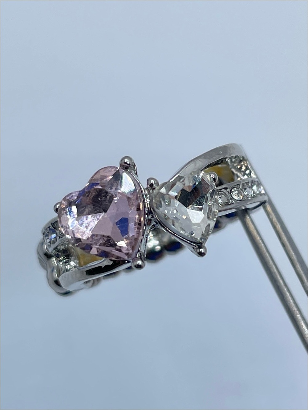 Silver Tone Pink Clear Heart Crystal Stretch Ring Statement